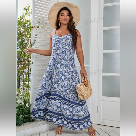 SHEIN Dresses & Skirts - 💙SHEIN NEW!! BOHO BLUE SND WHITE SPAGHETTI STRAP FLOWY MAXI SUMMER DRESS